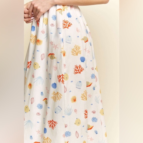 Floral White and Blue Maxi Denim Binding Detail Smocking Summer Maxi Dress - Picture 7 of 10